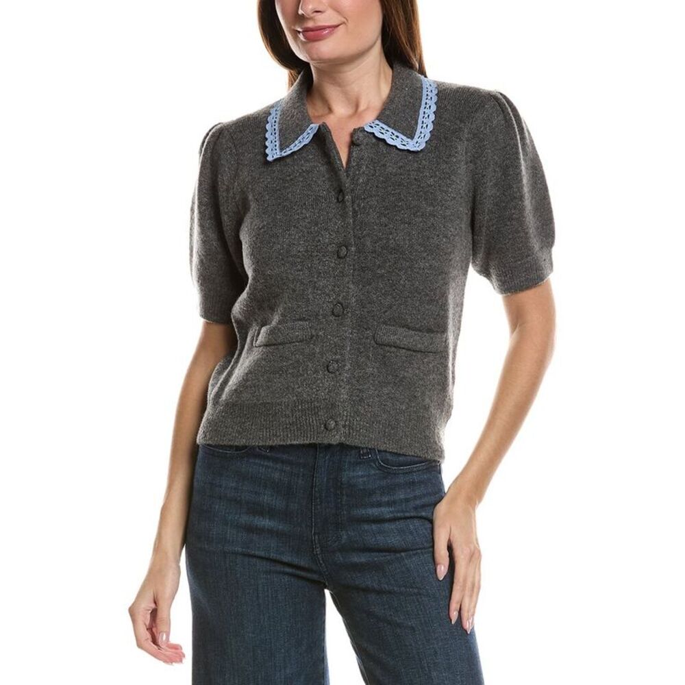 English Factory Womens  Lace Trimmed Puff Sleeve Knit Cardigan, Gray
